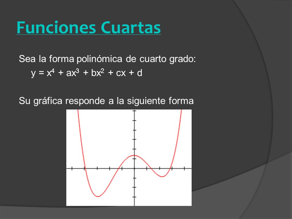 Funciones Cuartas Sea la forma polinómica de cuarto grado: y = x4 + ax3 + bx2 + cx + d Su gráfica responde a la siguiente forma