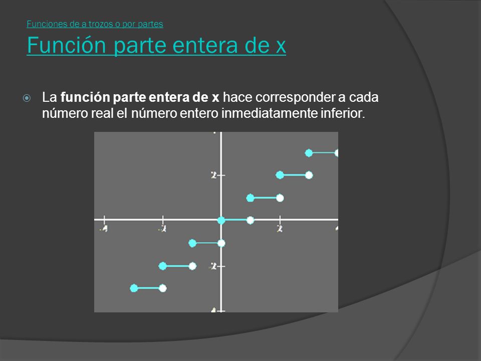 Funciones de a trozos o por partes Función parte entera de x