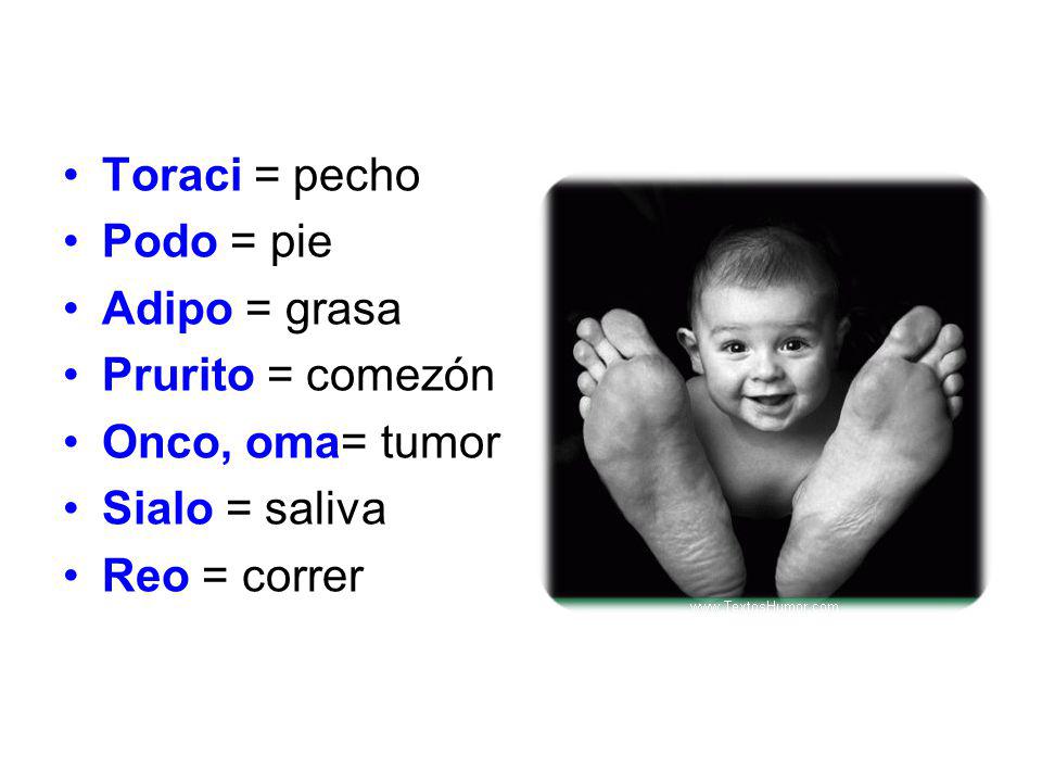 Toraci = pecho Podo = pie. Adipo = grasa. Prurito = comezón.