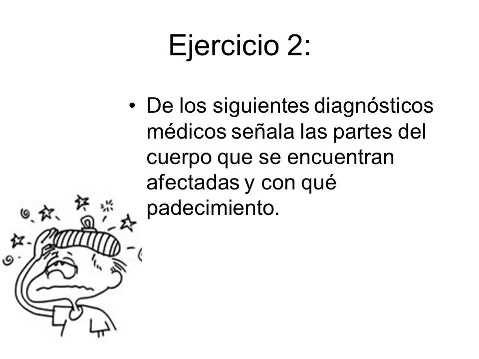 Ejercicio 2: De los siguientes diagnósticos médicos señala las partes del cuerpo que se encuentran afectadas y con qué padecimiento.