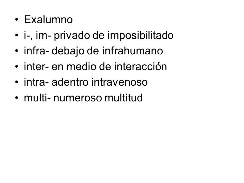 Exalumno i-, im- privado de imposibilitado. infra- debajo de infrahumano. inter- en medio de interacción.