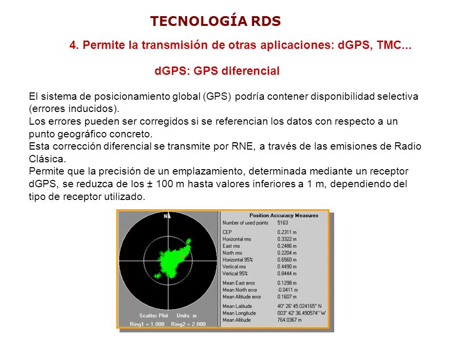 TECNOLOGÍA RDS 4. Permite la transmisión de otras aplicaciones: dGPS, TMC... dGPS: GPS diferencial.