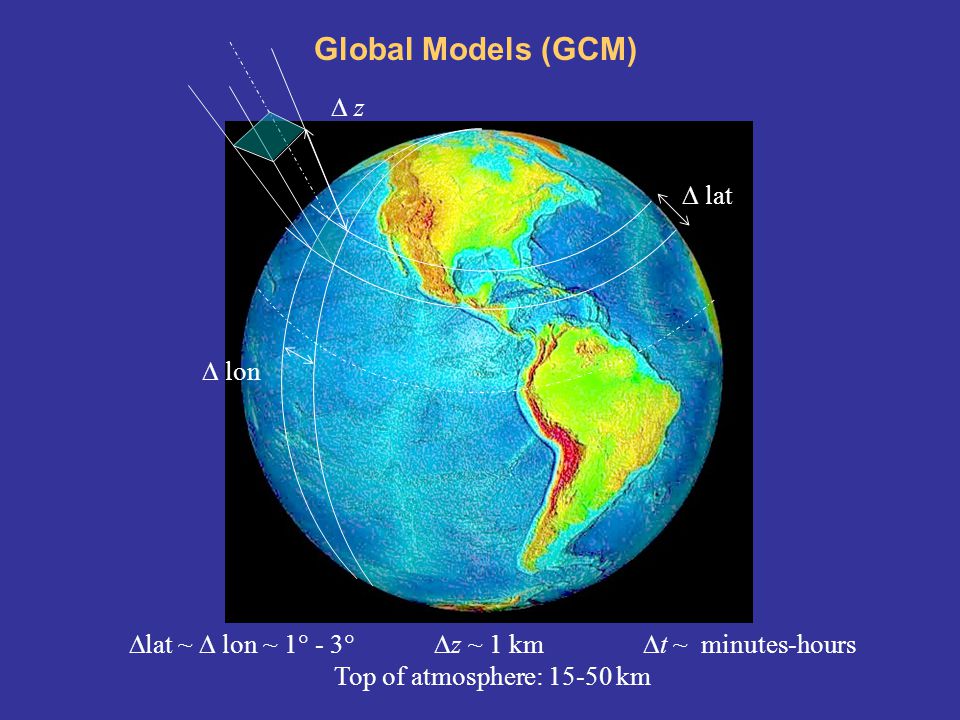 lat ~  lon ~ 1 - 3 z ~ 1 km t ~ minutes-hours