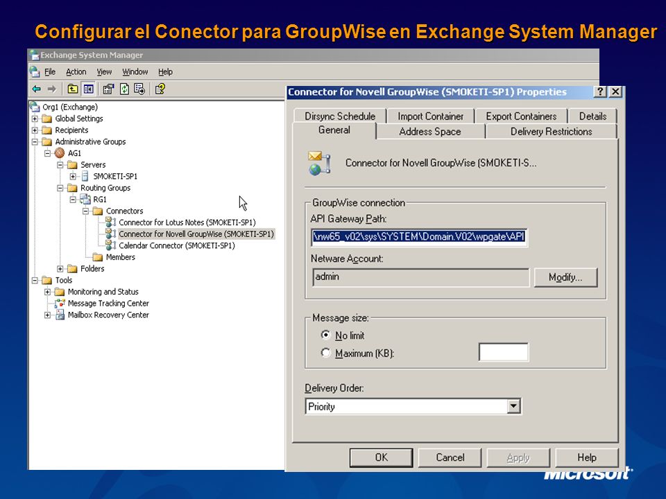Configurar el Conector para GroupWise en Exchange System Manager