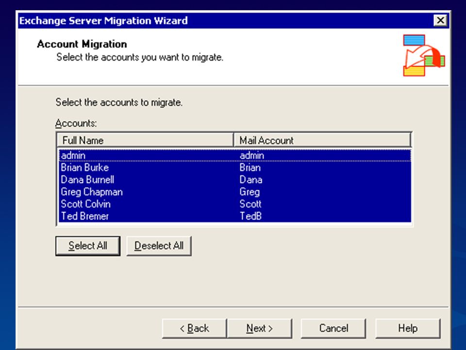 Migration Wizard showing the directory options -- two choices: new Windows account or an existing acct is found, and simply becomes main enabled.