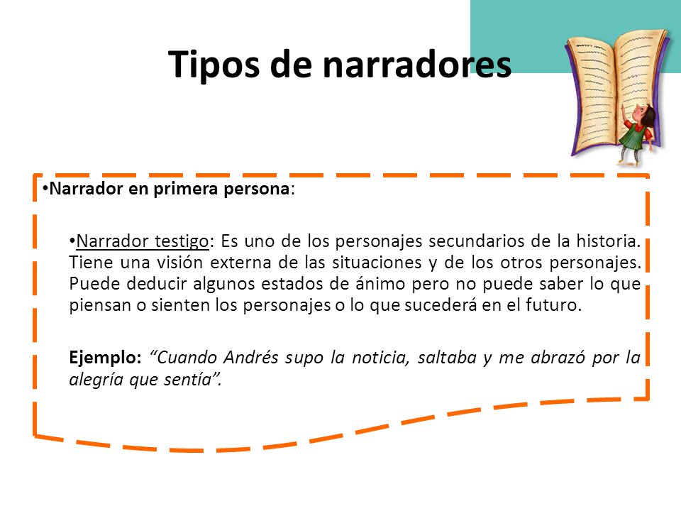 Tipos de narradores Narrador en primera persona: