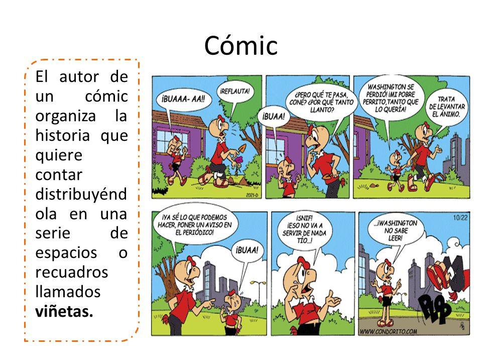 Cómic El autor de un cómic organiza la historia que quiere contar distribuyéndola en una serie de espacios o recuadros llamados viñetas.