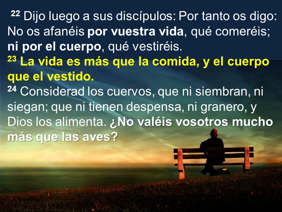 22 Dijo luego a sus discípulos: Por tanto os digo: No os afanéis por vuestra vida, qué comeréis; ni por el cuerpo, qué vestiréis.