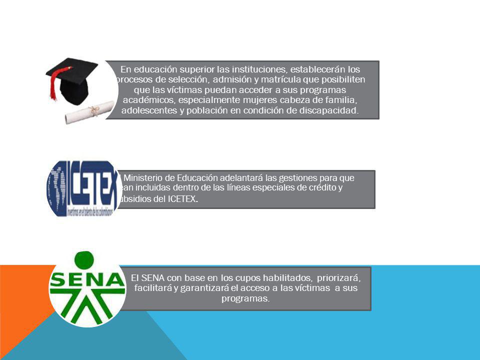 En educación superior las instituciones, establecerán los procesos de selección, admisión y matrícula que posibiliten que las víctimas puedan acceder a sus programas académicos, especialmente mujeres cabeza de familia, adolescentes y población en condición de discapacidad.