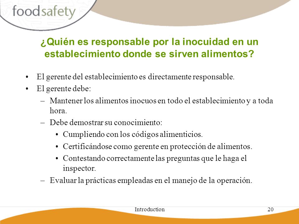 ¿Quién es responsable por la inocuidad en un establecimiento donde se sirven alimentos