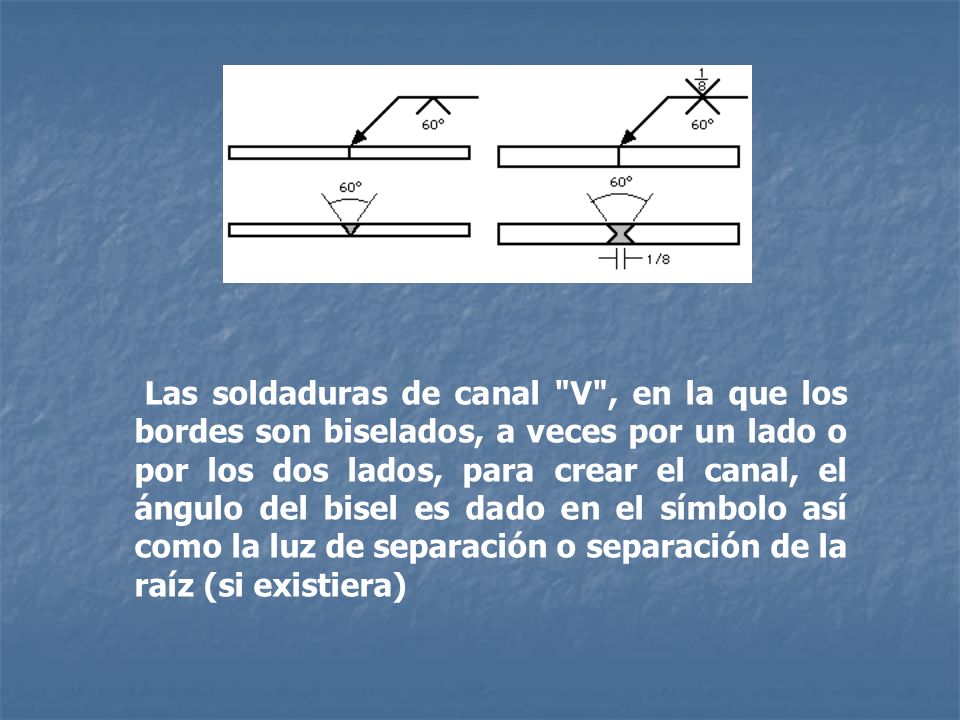Las soldaduras de canal V , en la que los bordes son biselados, a veces por un lado o por los dos lados, para crear el canal, el ángulo del bisel es dado en el símbolo así como la luz de separación o separación de la raíz (si existiera)
