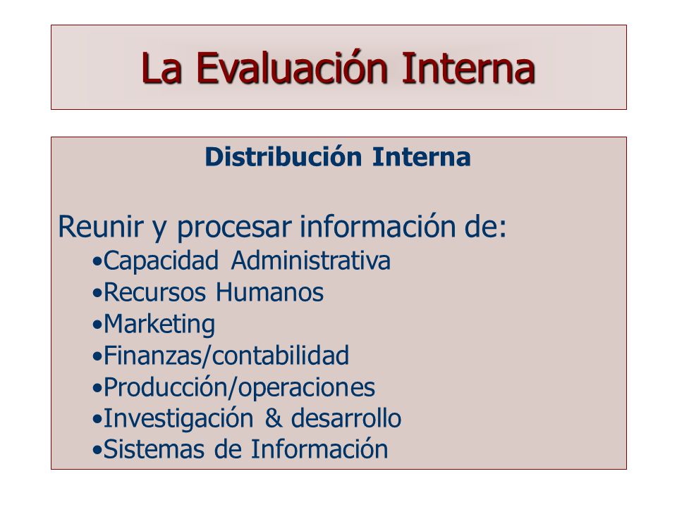 La Evaluación Interna Reunir y procesar información de: