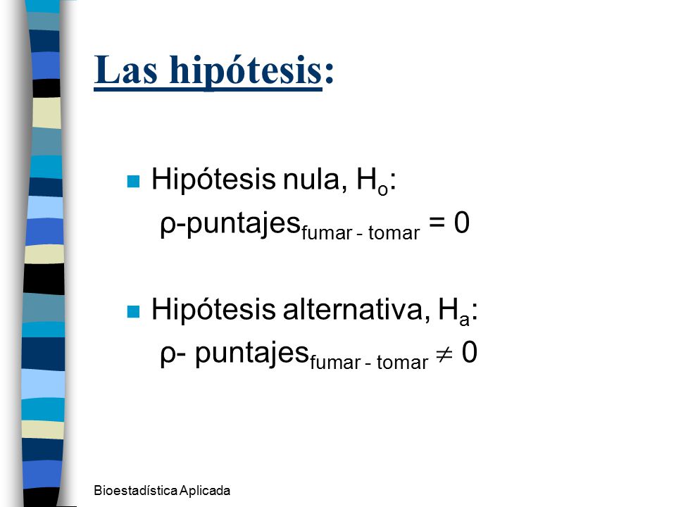 Las hipótesis: Hipótesis nula, Ho: ρ-puntajesfumar - tomar = 0