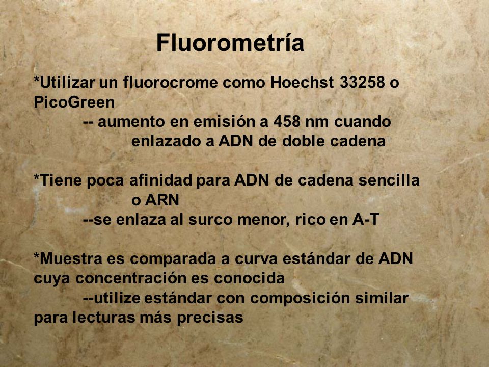 Fluorometría *Utilizar un fluorocrome como Hoechst o PicoGreen