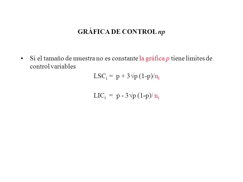 GRÁFICA DE CONTROL np Si el tamaño de muestra no es constante la gráfica p tiene limites de control variables.