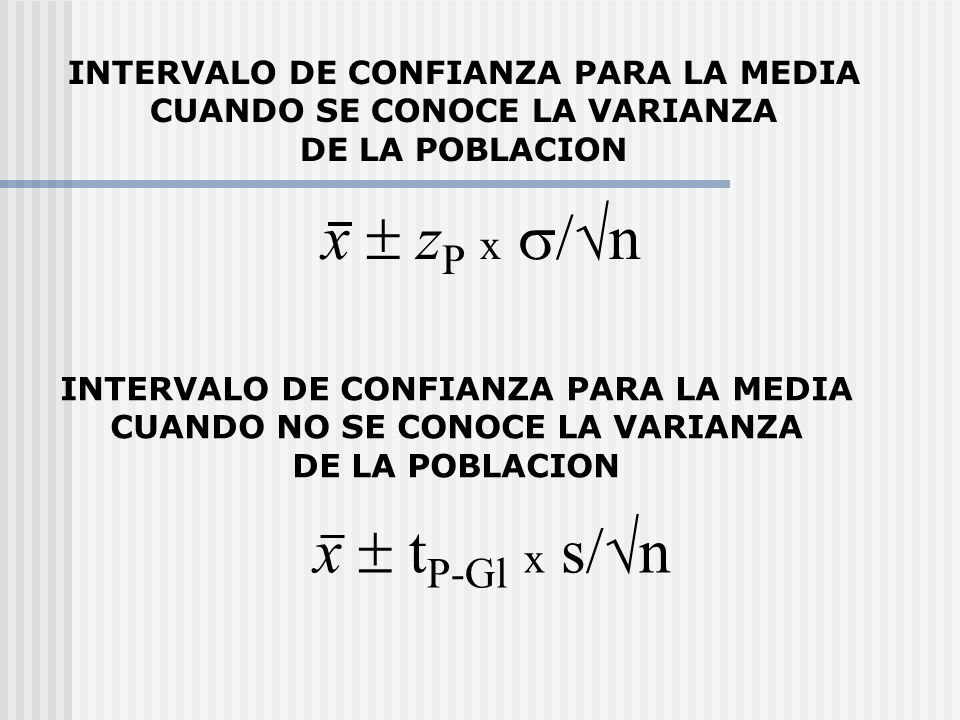 x  zP x s/n x  tP-Gl x s/n INTERVALO DE CONFIANZA PARA LA MEDIA