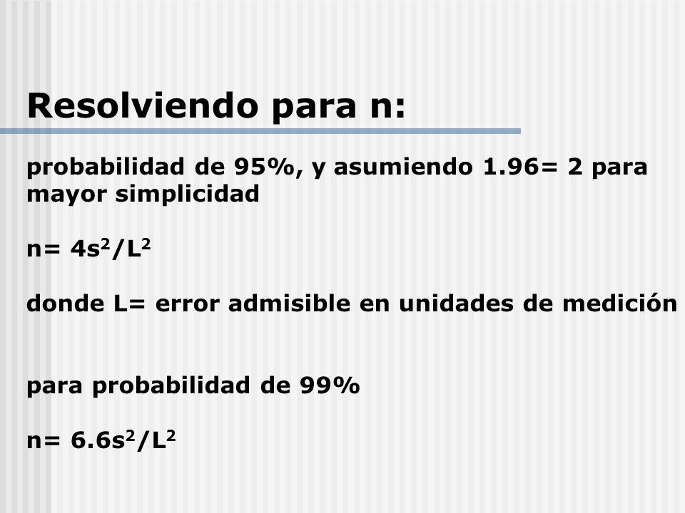 Resolviendo para n: probabilidad de 95%, y asumiendo 1.96= 2 para
