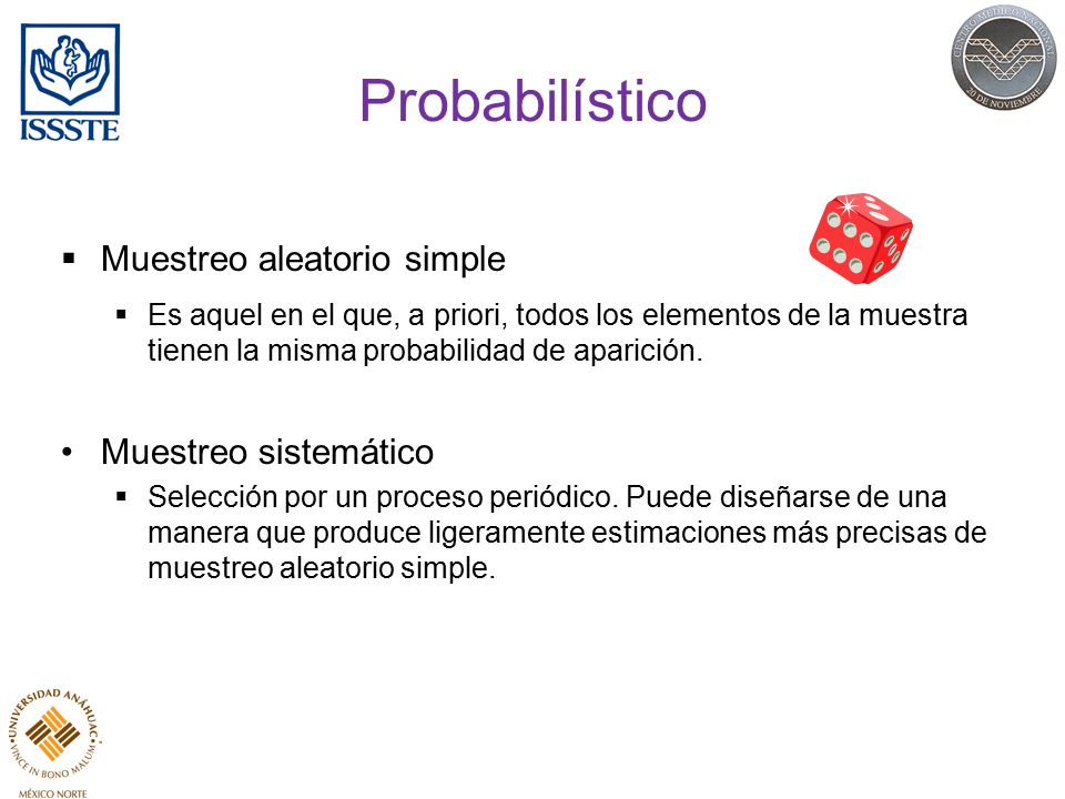 Probabilístico Muestreo aleatorio simple Muestreo sistemático