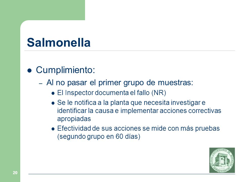 Salmonella Cumplimiento: Al no pasar el primer grupo de muestras: