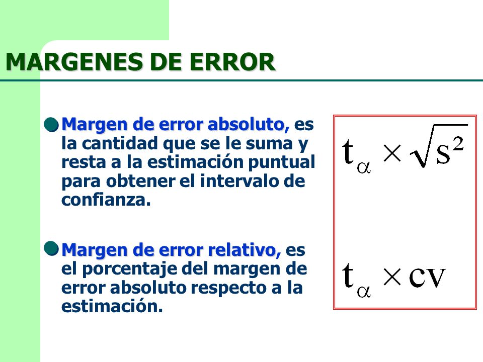 MARGENES DE ERROR Margen de error absoluto, es la cantidad que se le suma y resta a la estimación puntual para obtener el intervalo de confianza.