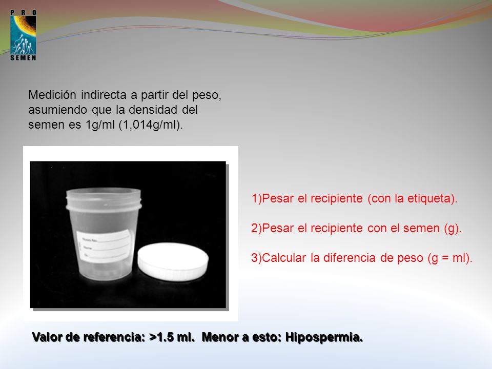 Medición indirecta a partir del peso, asumiendo que la densidad del semen es 1g/ml (1,014g/ml).