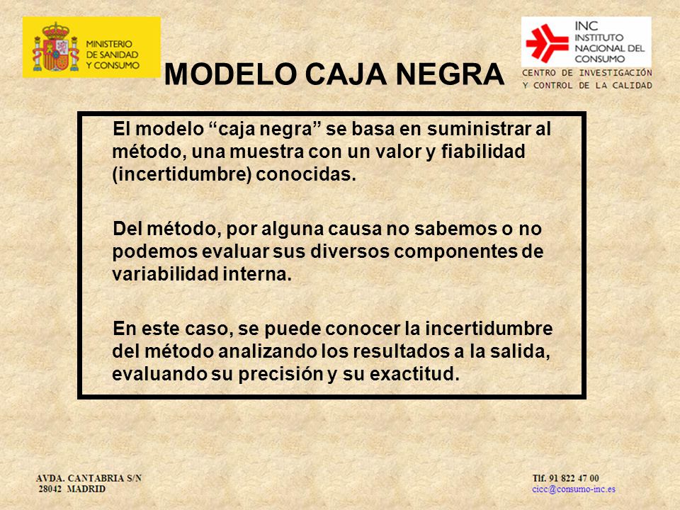 MODELO CAJA NEGRA El modelo caja negra se basa en suministrar al método, una muestra con un valor y fiabilidad (incertidumbre) conocidas.