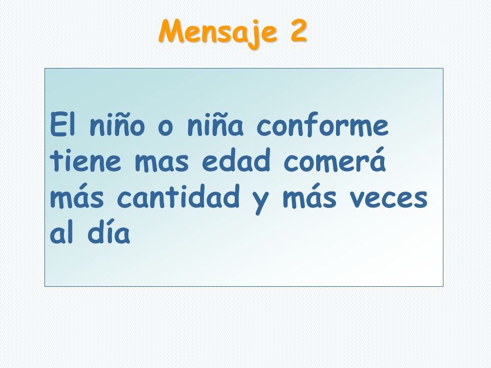 Mensaje 2 El niño o niña conforme tiene mas edad comerá más cantidad y más veces al día