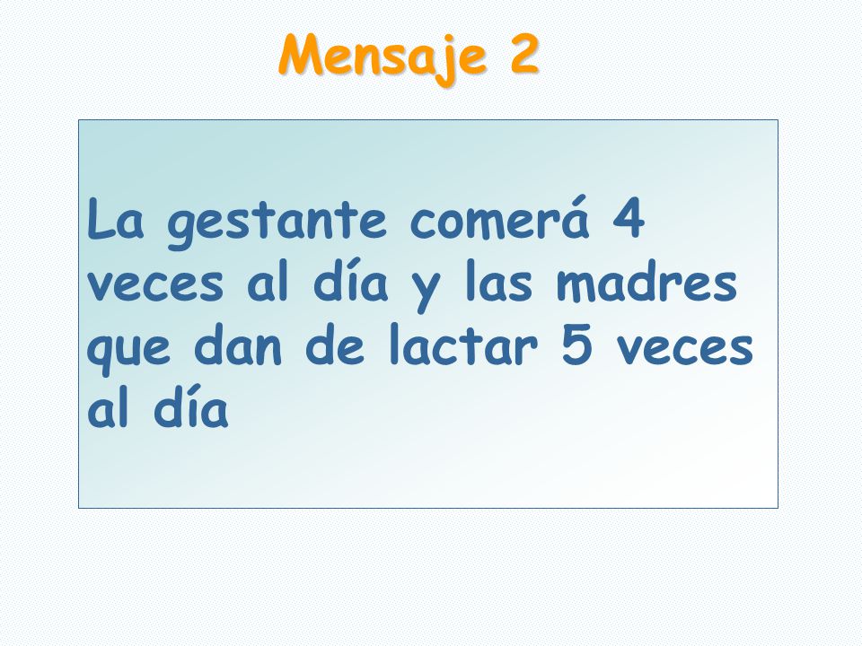 Mensaje 2 La gestante comerá 4 veces al día y las madres que dan de lactar 5 veces al día