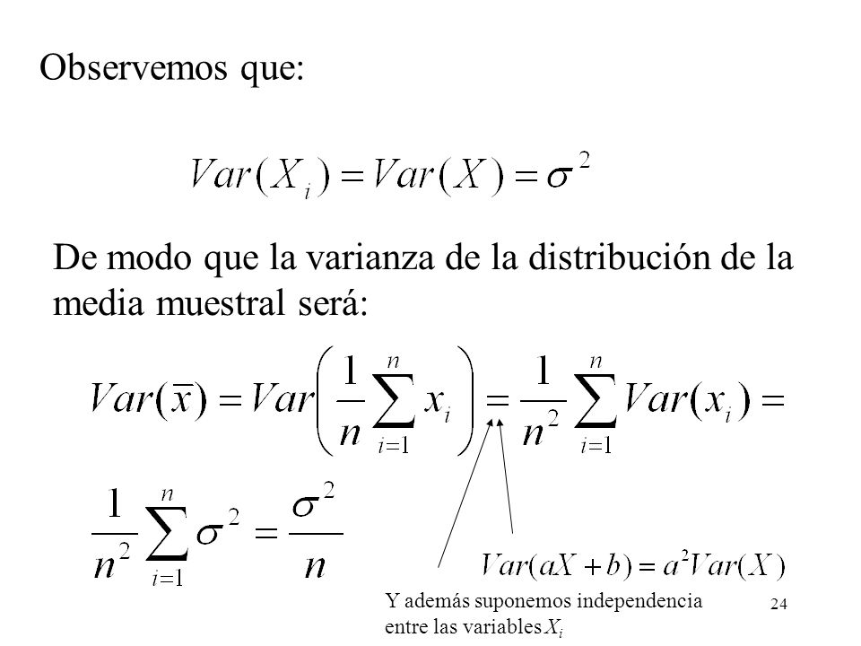 De modo que la varianza de la distribución de la media muestral será: