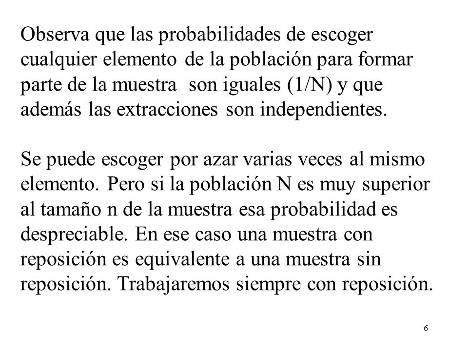 Observa que las probabilidades de escoger cualquier elemento de la población para formar parte de la muestra son iguales (1/N) y que además las extracciones son independientes.