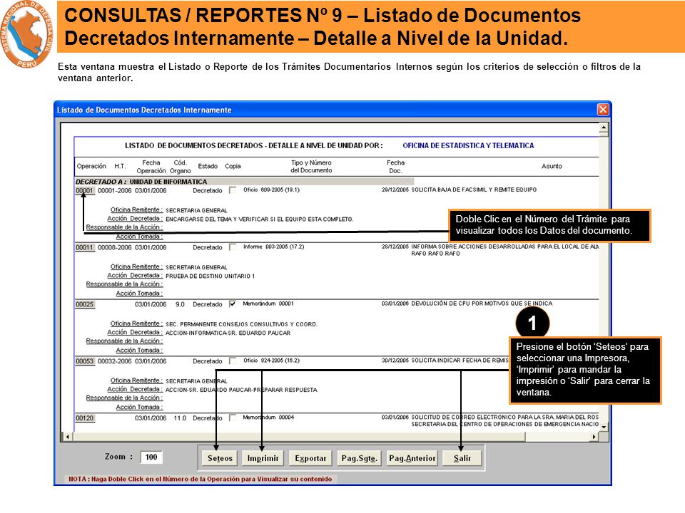 CONSULTAS / REPORTES Nº 9 – Listado de Documentos Decretados Internamente – Detalle a Nivel de la Unidad.