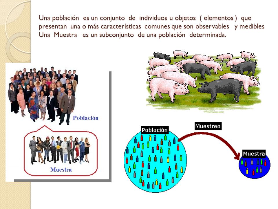 Una población es un conjunto de individuos u objetos ( elementos ) que presentan una o más características comunes que son observables y medibles Una Muestra es un subconjunto de una población determinada.