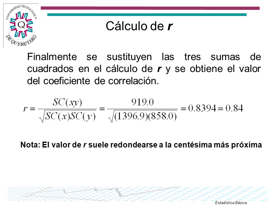 Cálculo de r Finalmente se sustituyen las tres sumas de cuadrados en el cálculo de r y se obtiene el valor del coeficiente de correlación.