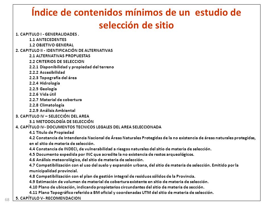Índice de contenidos mínimos de un estudio de selección de sitio