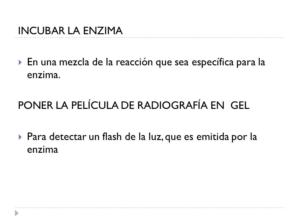 INCUBAR LA ENZIMA En una mezcla de la reacción que sea específica para la enzima. PONER LA PELÍCULA DE RADIOGRAFÍA EN GEL.