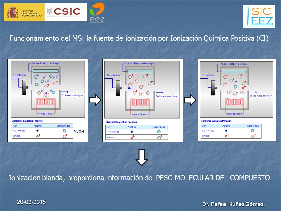 Funcionamiento del MS: la fuente de ionización por Ionización Química Positiva (CI)