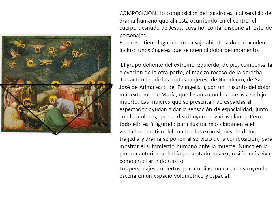 COMPOSICION: La composición del cuadro está al servicio del drama humano que allí está ocurriendo en el centro el cuerpo desnudo de Jesús, cuya horizontal dispone al resto de personajes.