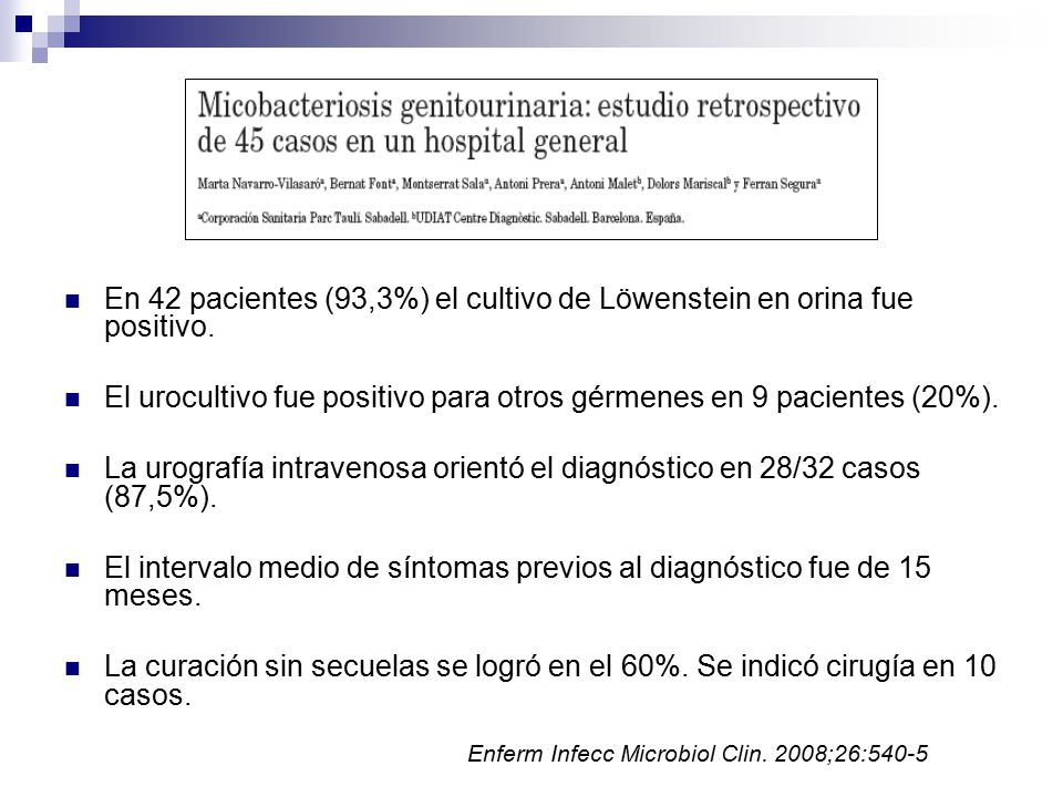 El urocultivo fue positivo para otros gérmenes en 9 pacientes (20%).