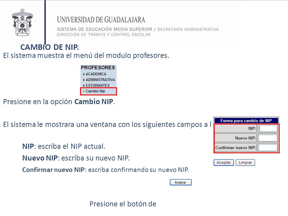 CAMBIO DE NIP. El sistema muestra el menú del modulo profesores.