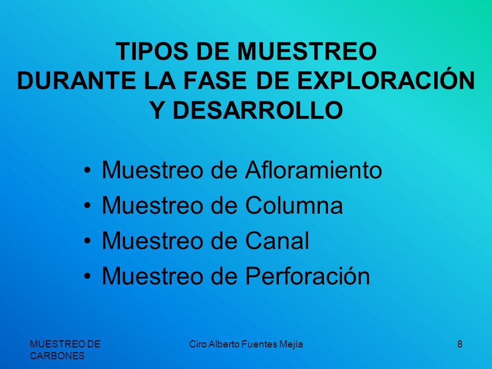 TIPOS DE MUESTREO DURANTE LA FASE DE EXPLORACIÓN Y DESARROLLO