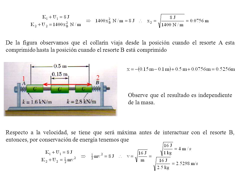 De la figura observamos que el collarín viaja desde la posición cuando el resorte A esta comprimido hasta la posición cuando el resorte B está comprimido