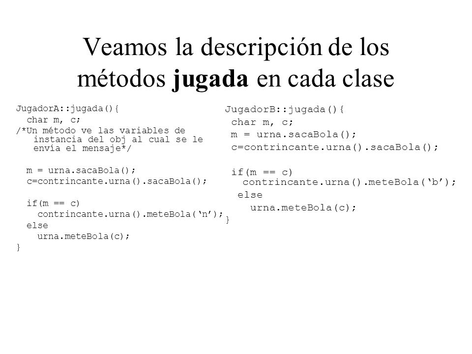 Veamos la descripción de los métodos jugada en cada clase