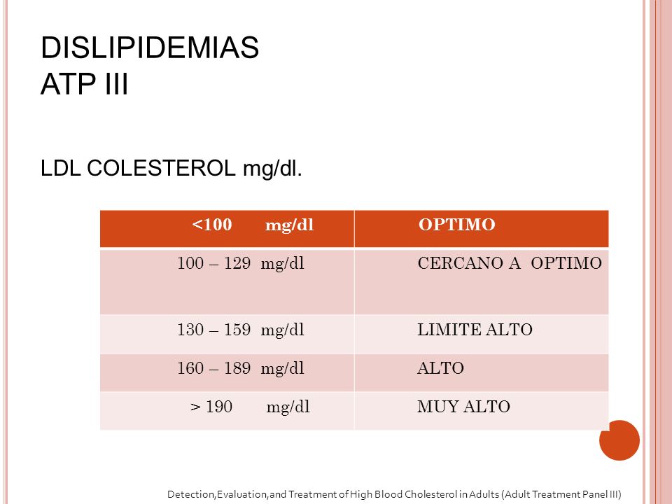DISLIPIDEMIAS ATP III LDL COLESTEROL mg/dl. <100 mg/dl OPTIMO