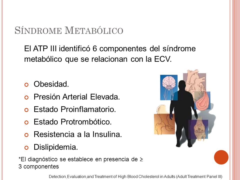 Síndrome Metabólico El ATP III identificó 6 componentes del síndrome metabólico que se relacionan con la ECV.