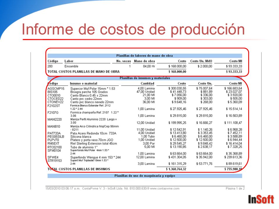 Informe de costos de producción