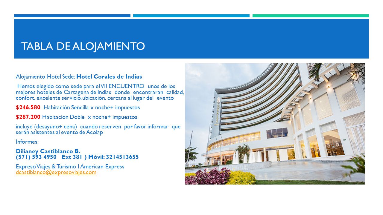 Tabla de alojamiento Alojamiento Hotel Sede: Hotel Corales de Indias