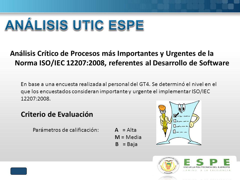 ANÁLISIS UTIC ESPE Análisis Crítico de Procesos más Importantes y Urgentes de la Norma ISO/IEC 12207:2008, referentes al Desarrollo de Software.