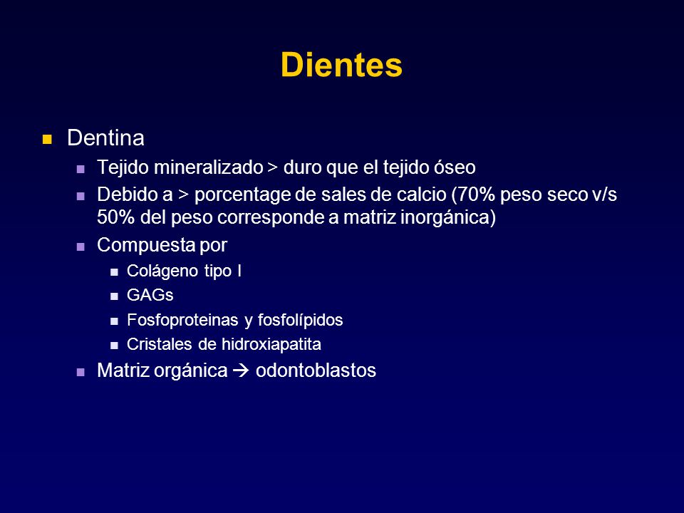 Dientes Dentina Tejido mineralizado > duro que el tejido óseo