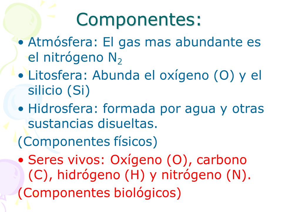 Componentes: Atmósfera: El gas mas abundante es el nitrógeno N2