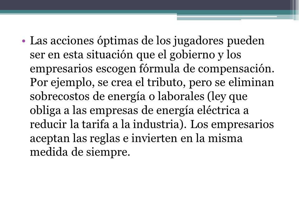 Las acciones óptimas de los jugadores pueden ser en esta situación que el gobierno y los empresarios escogen fórmula de compensación.